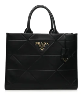 superfake Prada Soft Calfskin Medium Triangolo Symbole Embossed Tote Black Gold Hardware