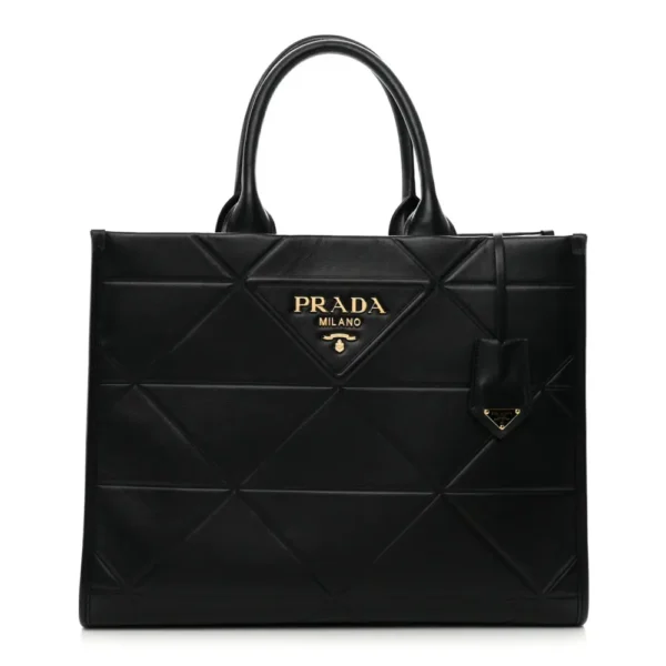 superfake Prada Soft Calfskin Medium Triangolo Symbole Embossed Tote Black Gold Hardware