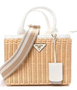 Superfake Prada Wicker Canvas Mini Tote Naturale White Gold Hardware