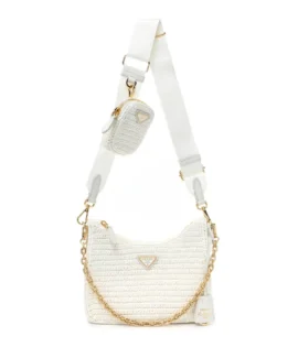 Superfake Prada Yarn Raffia Effect Mini Crochet Re-Edition 2005 Shoulder Bag White Gold Hardware