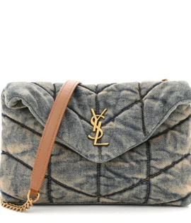 superfake Saint Laurent Denim Monogram Quilted Toy Loulou Puffer Chain Satchel Blue Cinnamon Aged Gold Hardware