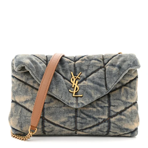 superfake Saint Laurent Denim Monogram Quilted Toy Loulou Puffer Chain Satchel Blue Cinnamon Aged Gold Hardware