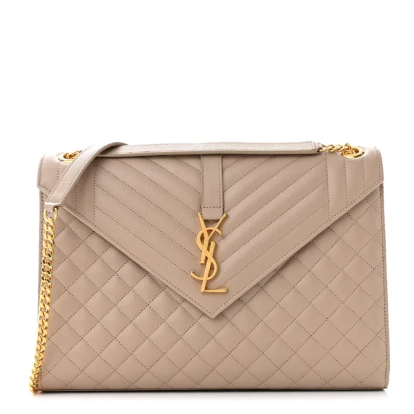 superfake Saint Laurent Grain De Poudre Mixed Matelasse Large Triquilt Monogram Satchel Beige Gold Hardware