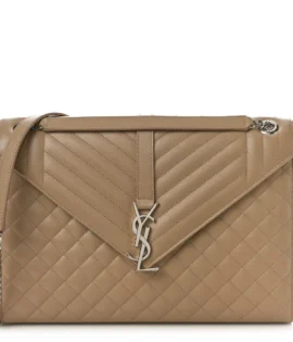 Superfake Saint Laurent Grain De Poudre Textured Mixed Matelasse Large Triquilt Monogram Satchel Natural Tan Silver Hardware