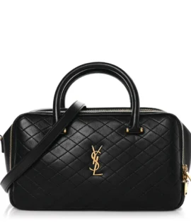 superfake Saint Laurent Lambskin Quilted Large Lyia Duffle Bag Black Gold Hardware