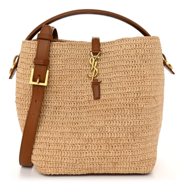 superfake Saint Laurent Raffia Vegetable Small Le 37 Bucket Bag Naturel Brick Brass Hardware