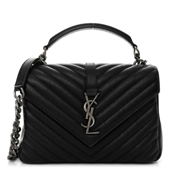 superfake Saint Laurent Sheepskin Matelasse Chevron Monogram Medium College Bag Black Aged Silver Hardware