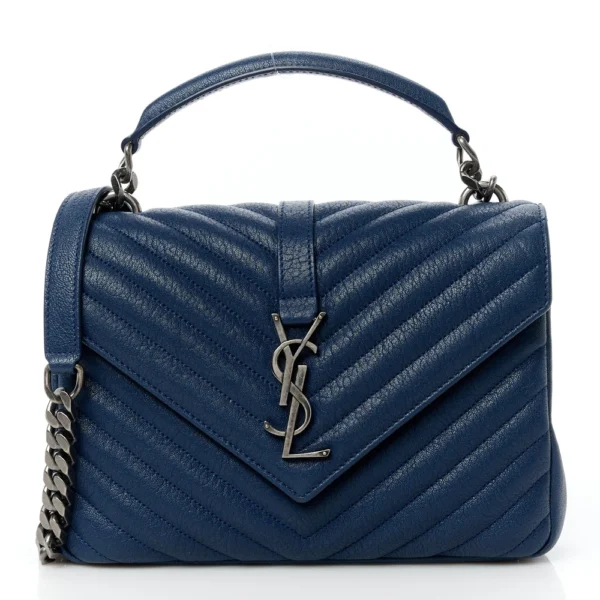 Superfake Saint Laurent Sheepskin Matelasse Chevron Monogram Medium College Bag Blue Charron Aged Silver Hardware