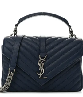 superfake Saint Laurent Sheepskin Matelasse Chevron Monogram Medium College Bag Navy Aged Silver Hardware