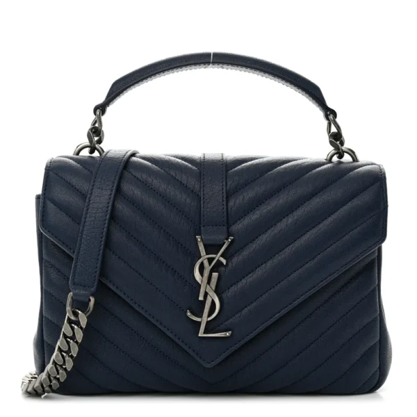 superfake Saint Laurent Sheepskin Matelasse Chevron Monogram Medium College Bag Navy Aged Silver Hardware