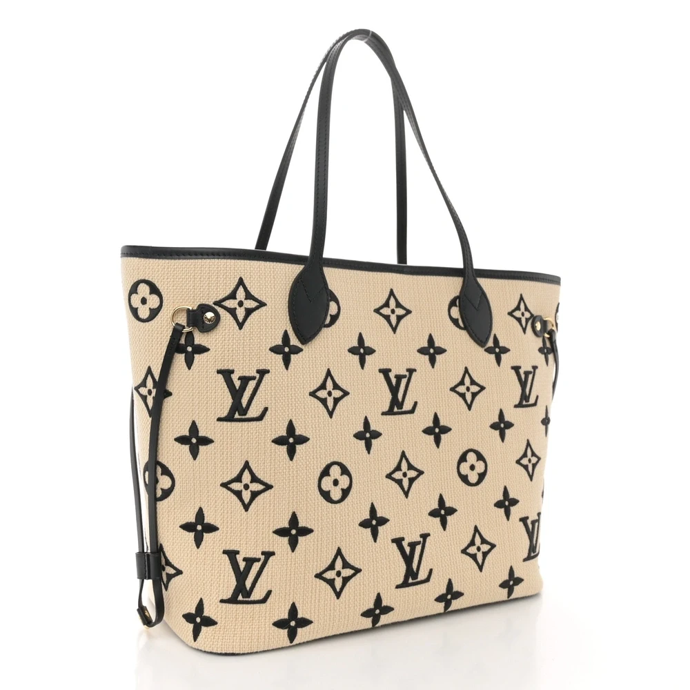 Neverfull MM 1:1 Replica Beige Black Cotton Monogram Embroidered Gold Hardware Tote Bag - Image 8