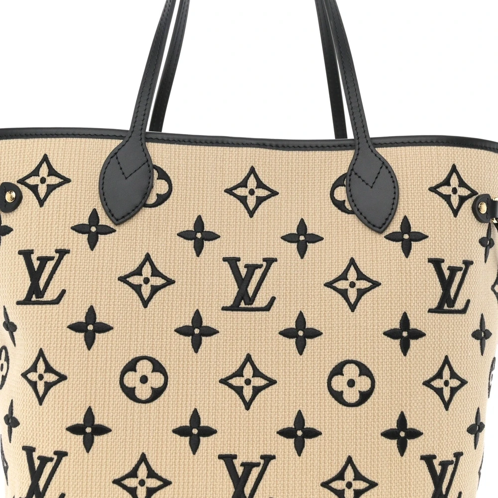 Neverfull MM 1:1 Replica Beige Black Cotton Monogram Embroidered Gold Hardware Tote Bag - Image 6