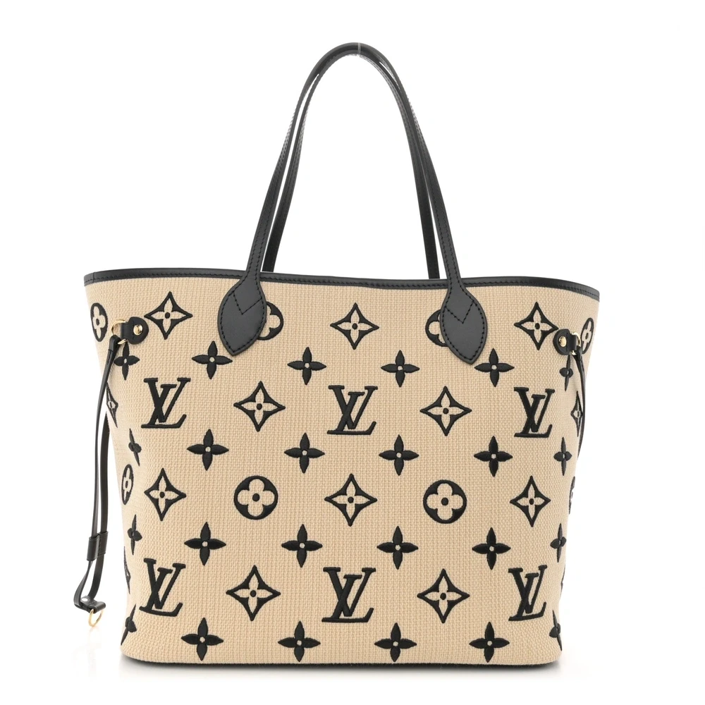 Neverfull MM 1:1 Replica Beige Black Cotton Monogram Embroidered Gold Hardware Tote Bag