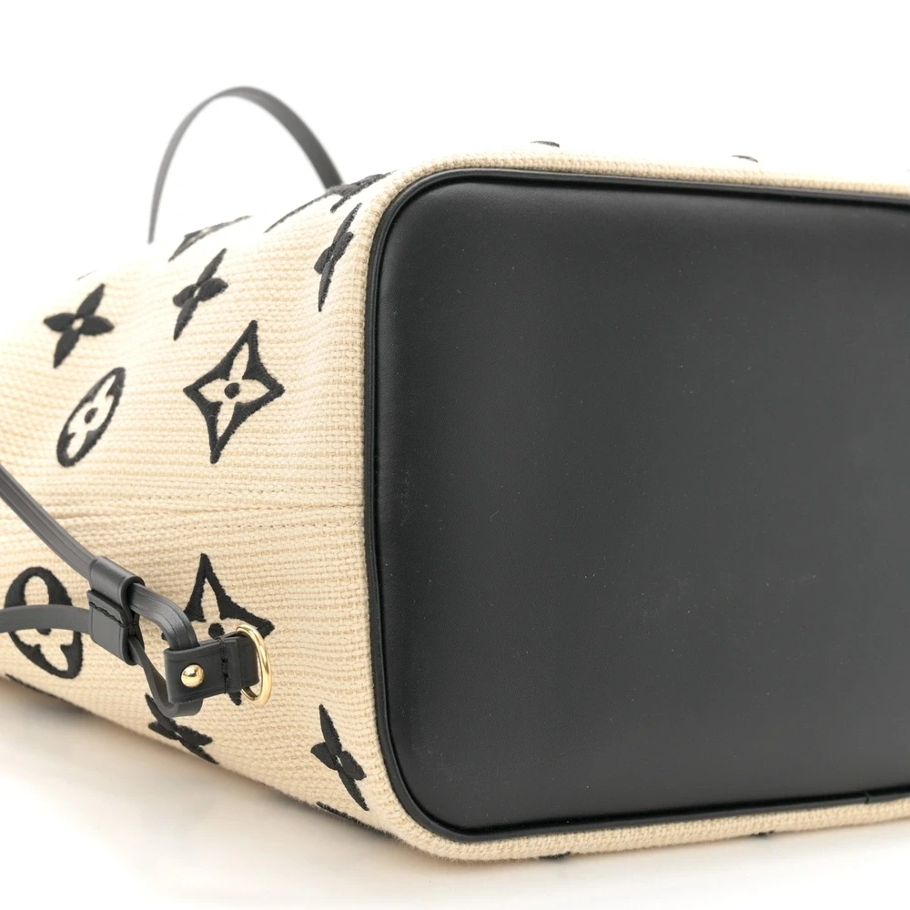 Neverfull MM 1:1 Replica Beige Black Cotton Monogram Embroidered Gold Hardware Tote Bag - Image 3