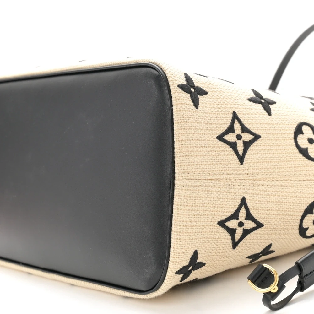 Neverfull MM 1:1 Replica Beige Black Cotton Monogram Embroidered Gold Hardware Tote Bag - Image 2
