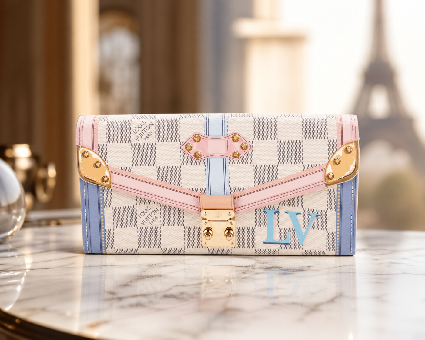 Louis Vuitton Victorine Wallet in Damier Azur canvas with rose ballerine pink trim, gold hardware, and light blue LV monogram, displayed on a marble surface with the Eiffel Tower in the background.