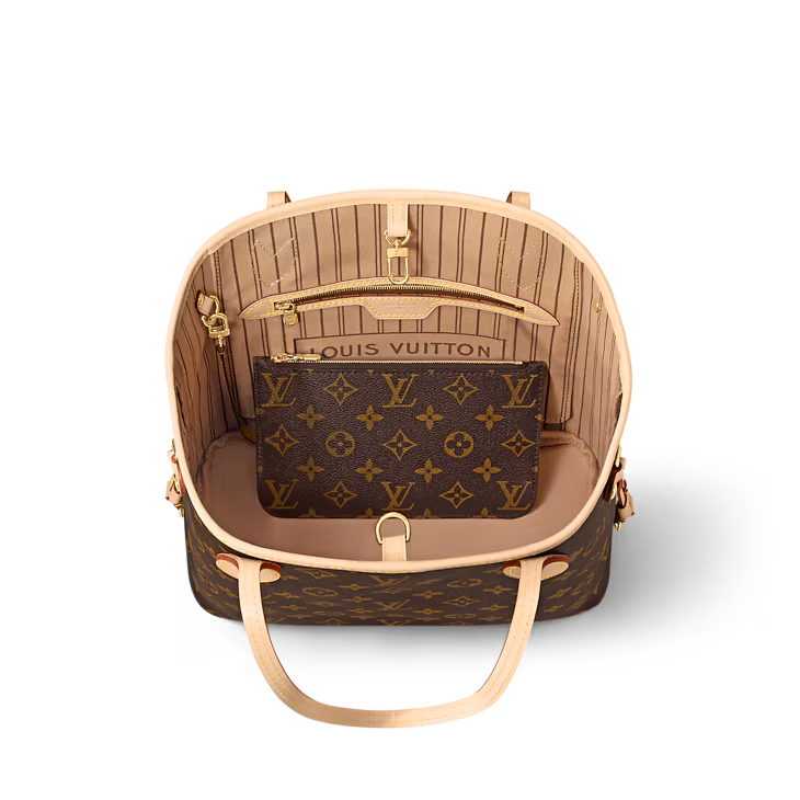 Louis Vuitton Neverfull PM Monogram Canvas handbag M46979 1:1 super clone held by a fashion model in a luxury marble lobby setting.