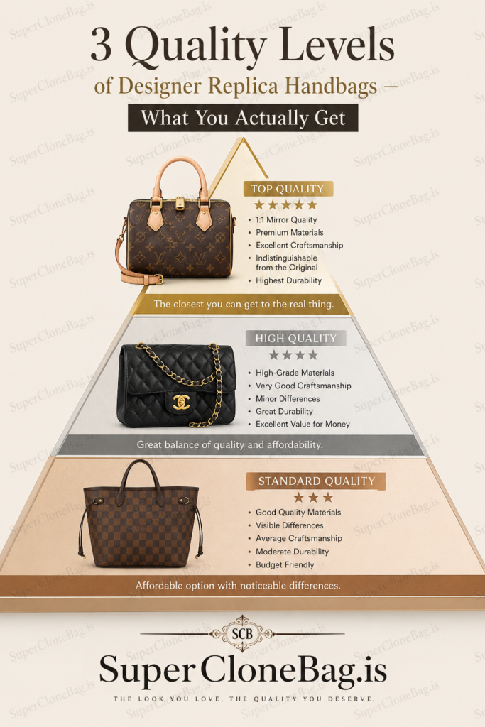 The pyramid chart illustrates the three quality levels of designer replica handbags: top quality, high quality, and standard quality, as presented by SuperCloneBag.is.