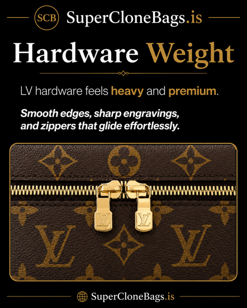 Designer handbag hardware weight comparison showing premium gold zipper pulls, smooth engravings, and high-quality metal craftsmanship.