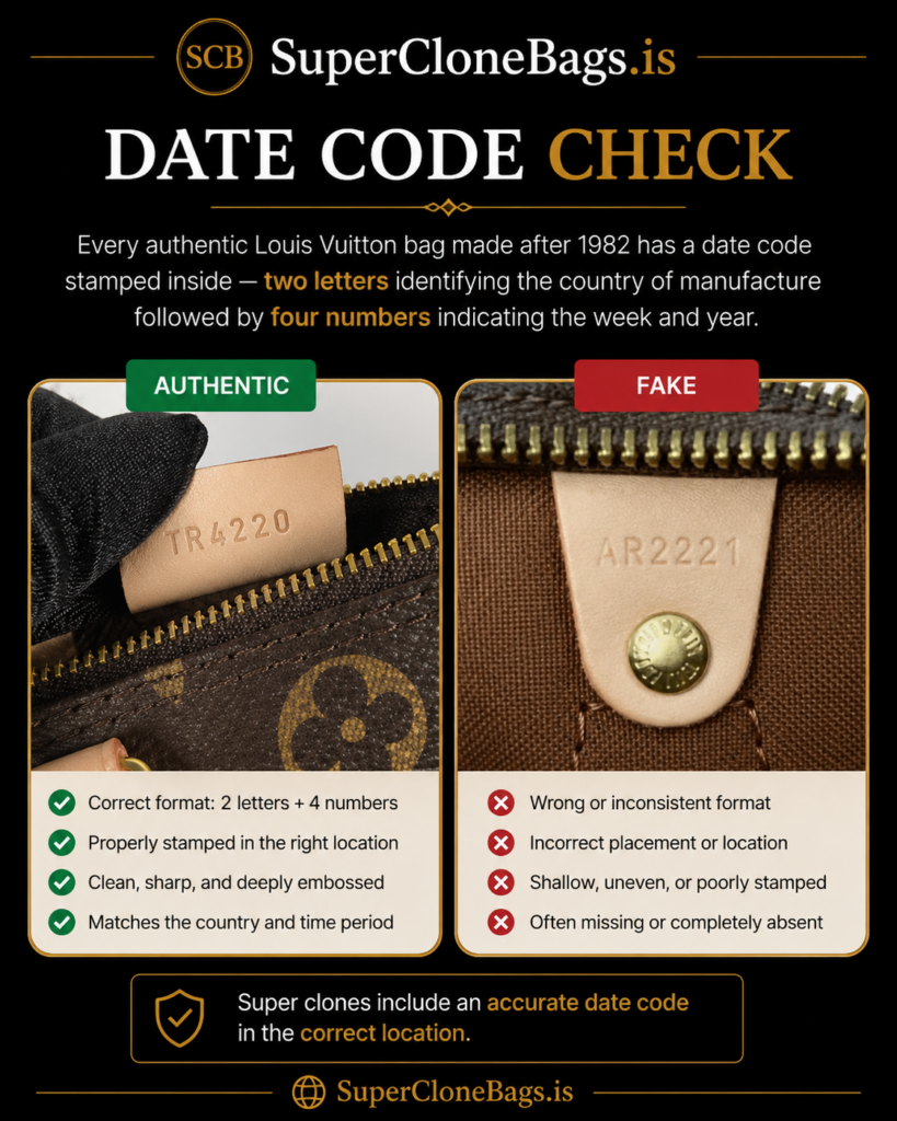 Louis Vuitton date code identification in a fake designer bag comparing the authentic date code pattern and placement.