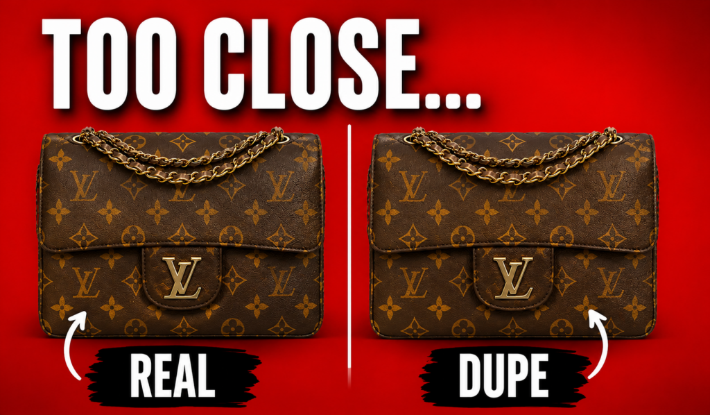 lv dupe vssuperclone bags ,superclone bags, placed next to each other against red background with the wording “Too Close” as the headline illustrating the actual luxury hand bag with the copy version replica