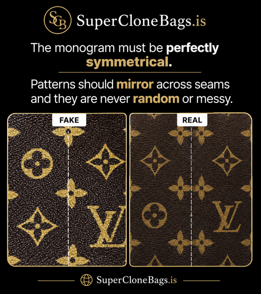 Infographic comparing fake and real designer handbag monograms with symmetrical canvas pattern alignment by SuperCloneBags.is.lv dupe vs superclone bags