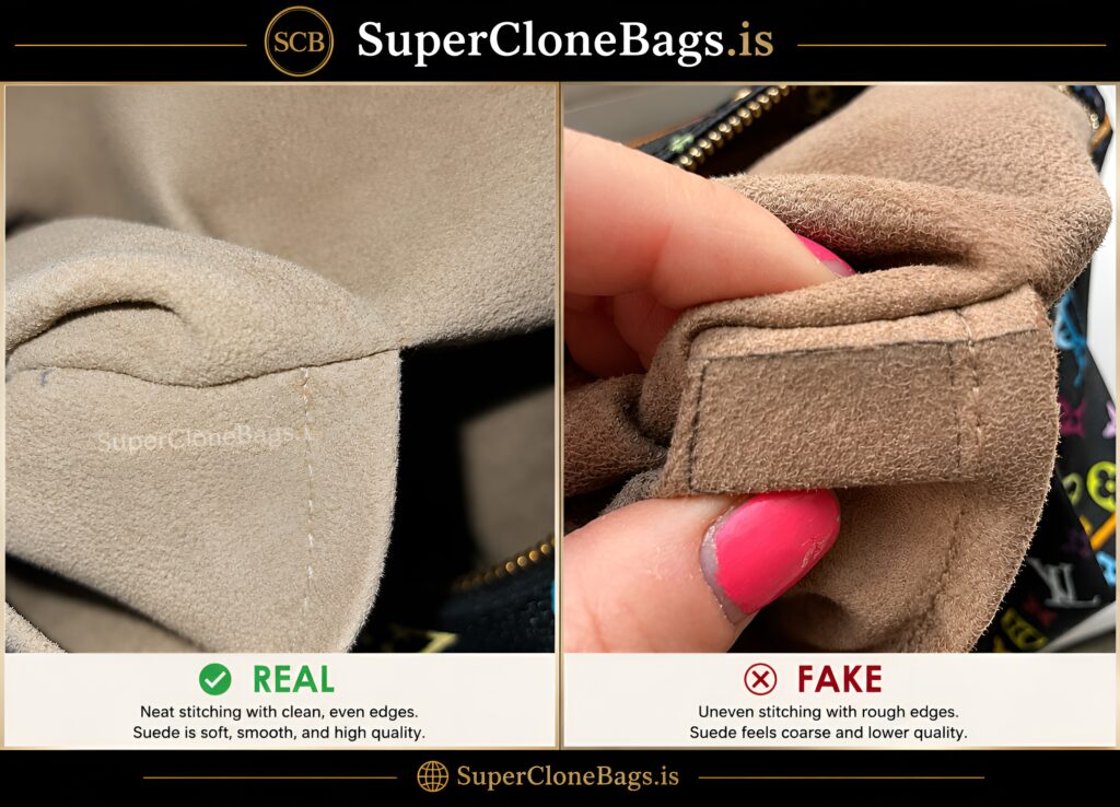 the image the real v fake sittching of bags