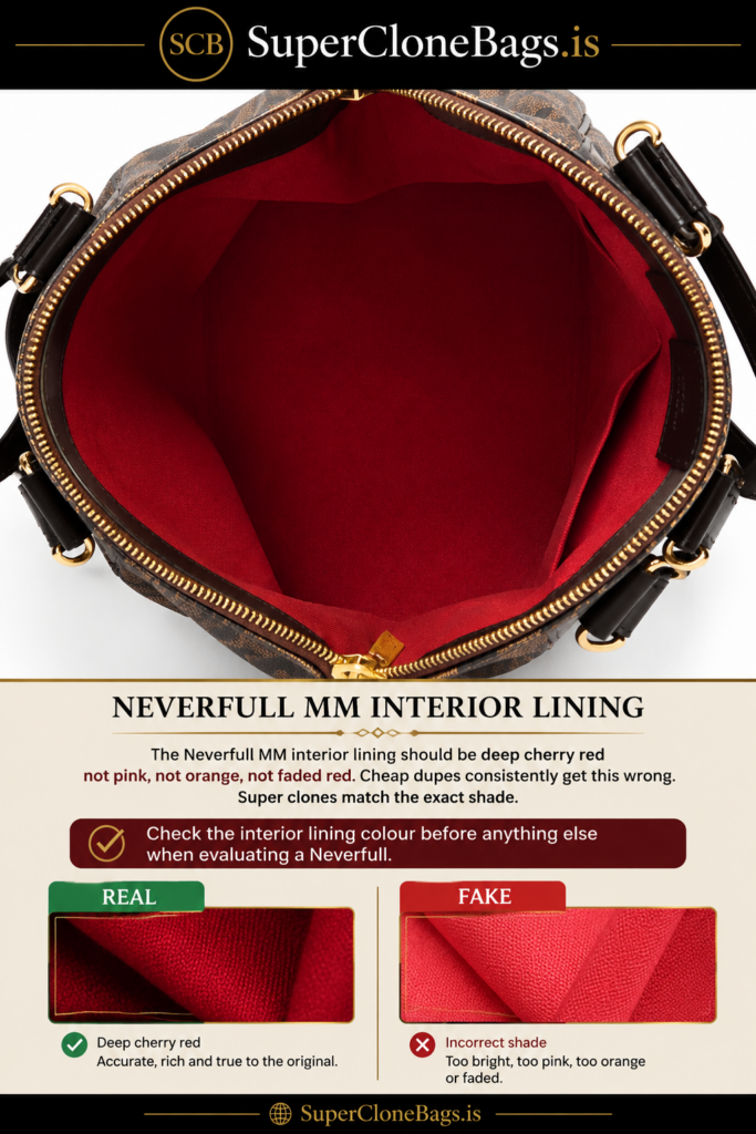 the image showing diffrence between real vs fake lineinh colour of lv bags
