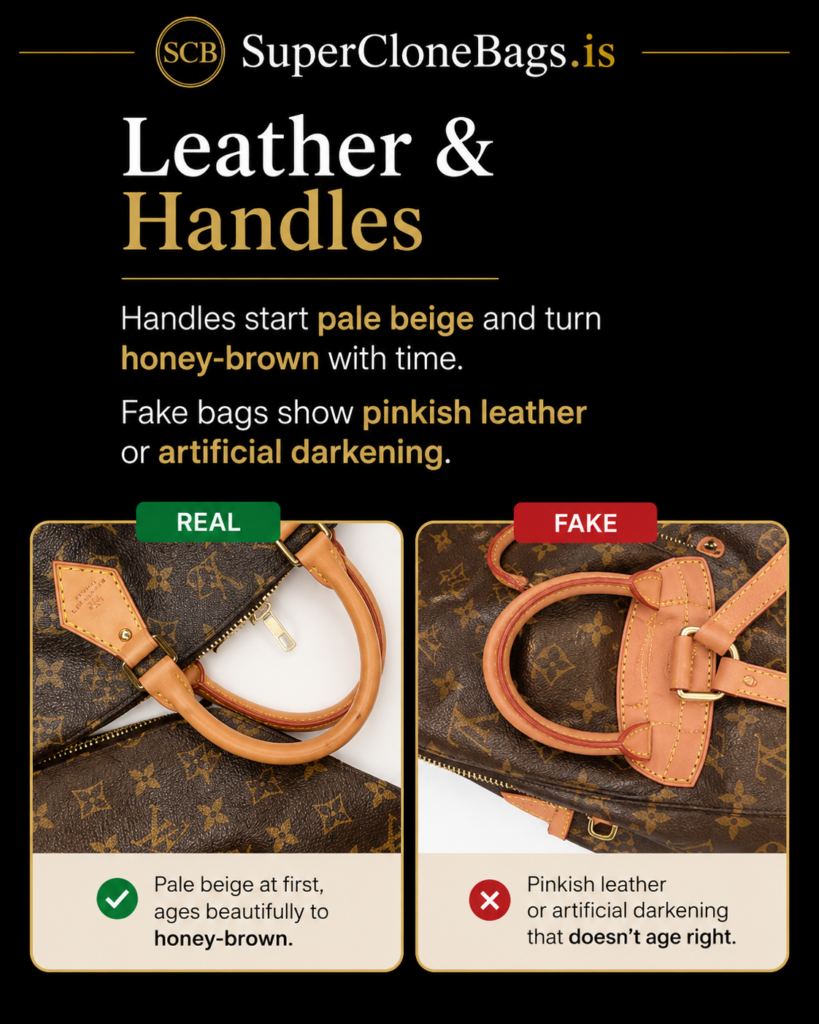 Natural honey-brown aging of authentic designer handbag leather handles vs a pinkish tone in less luxurious handbag handles.
