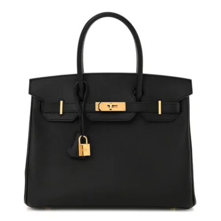 Front view of the Herme$ Epsom Leather Birkin 30 in Black with gold hardware