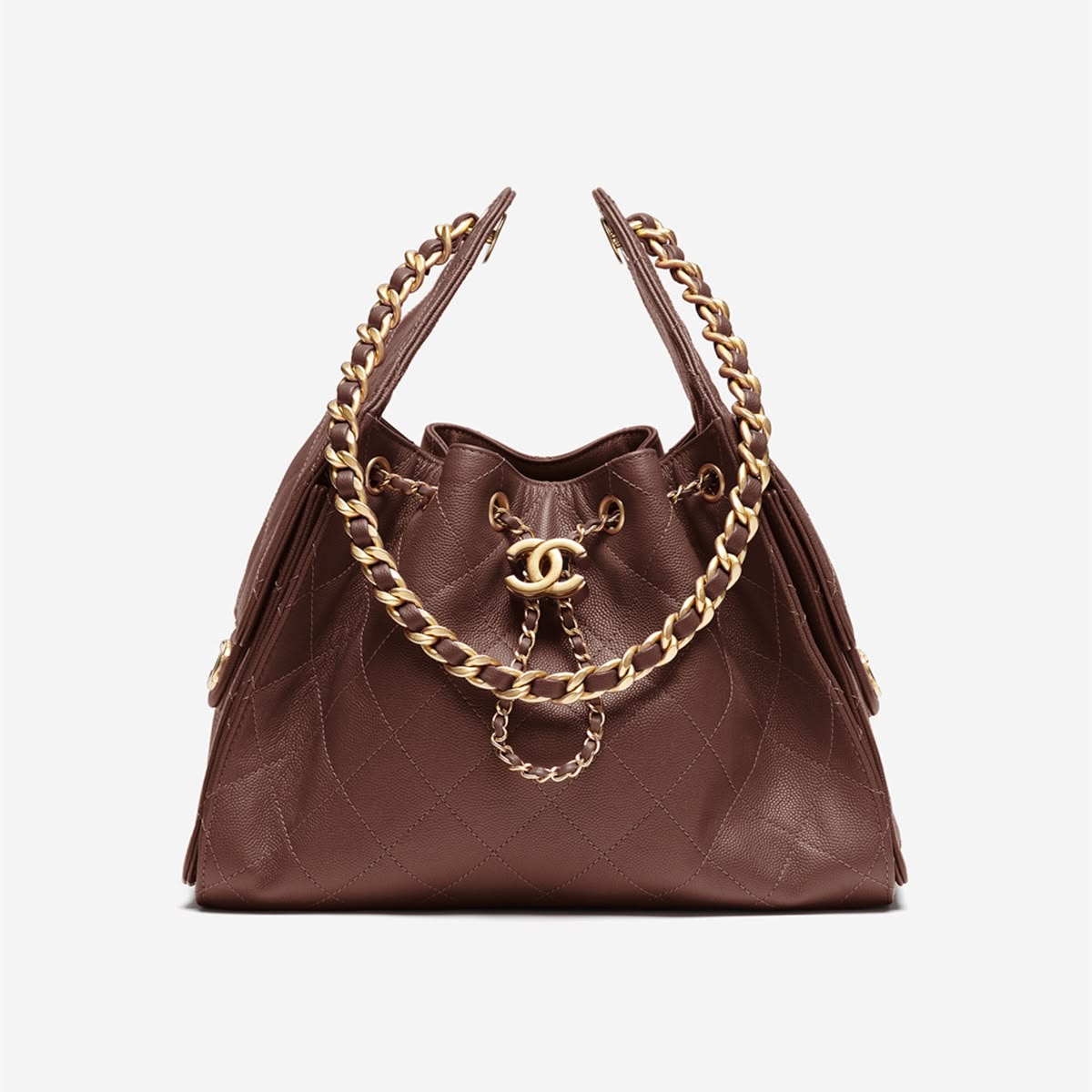 Front view of the SuperClone brown grained calfskin 25 Small Handbag with gold-tone hardware