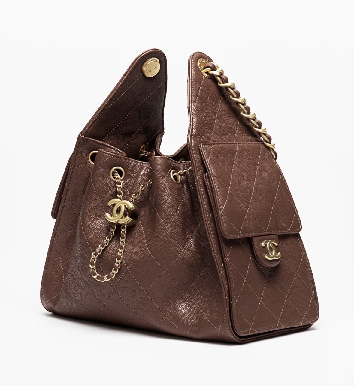 side view of the Ch@nel brown grained calfskin 25 Small Handbag