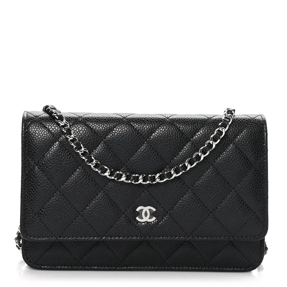 Front view of the black caviar leather Wallet On Chain with silver CC logo