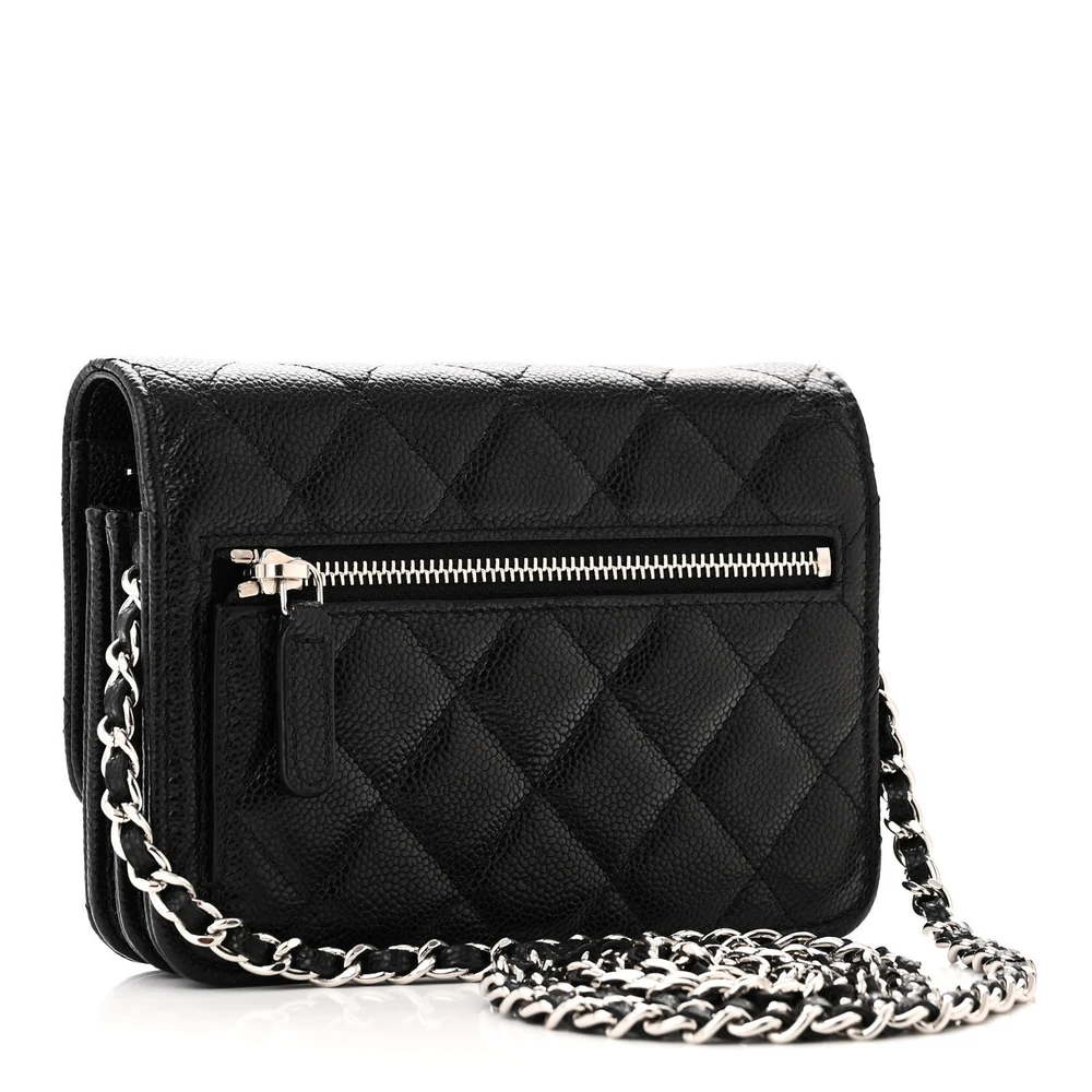 Back view of the black caviar leather Mini Wallet On Chain with rear slip pocket