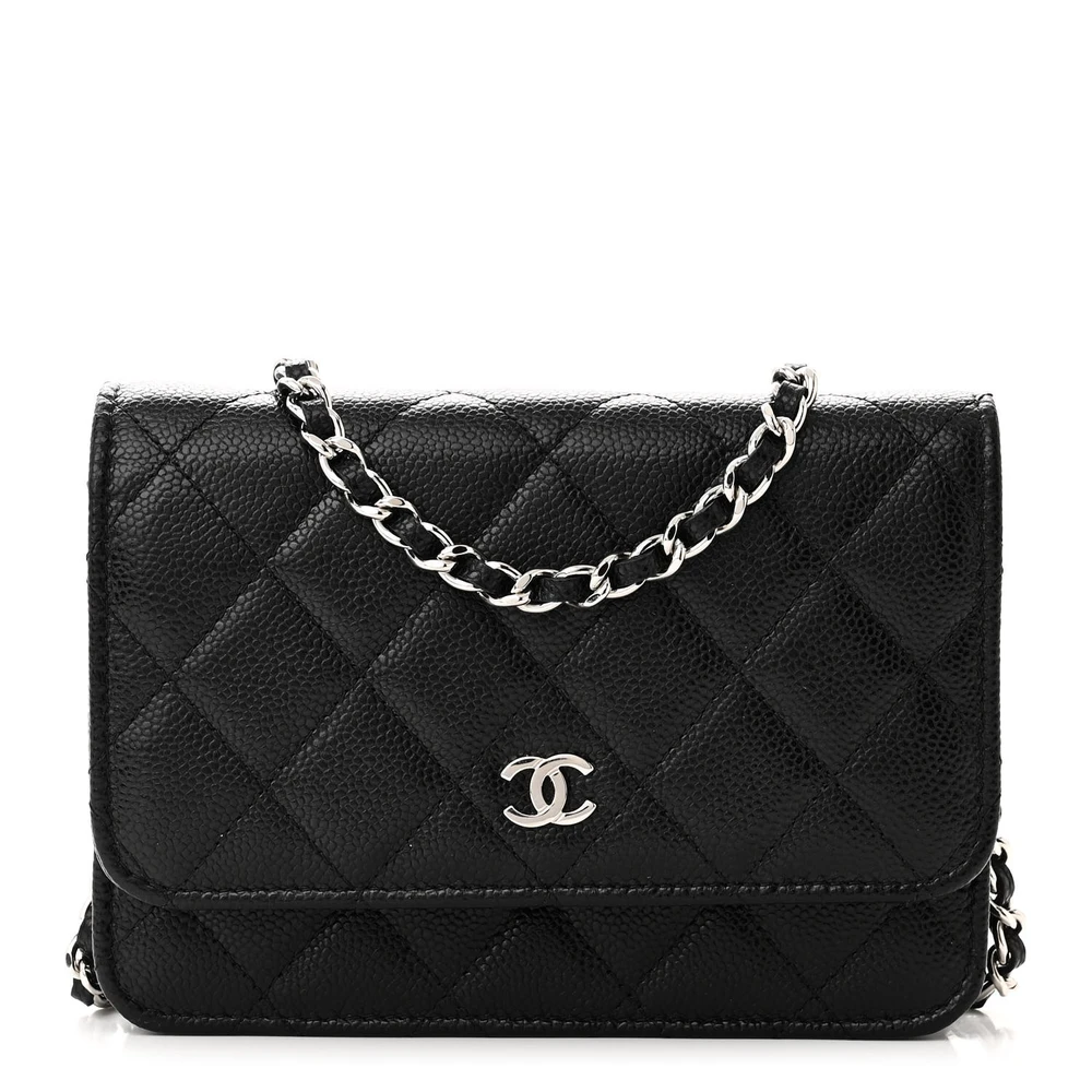 Front view of the black caviar leather Mini Wallet On Chain with signature turn-lock closure