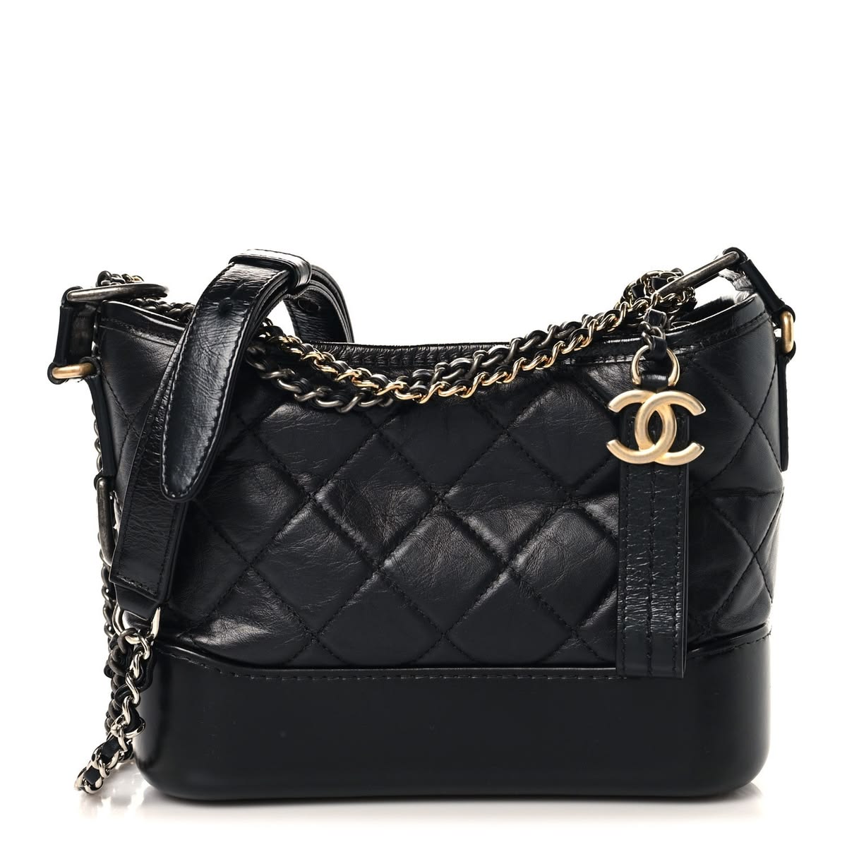 Front view of the 1:1 Mirror Quality Ch@nel Small Gabrielle Hobo in black aged calfskin leather