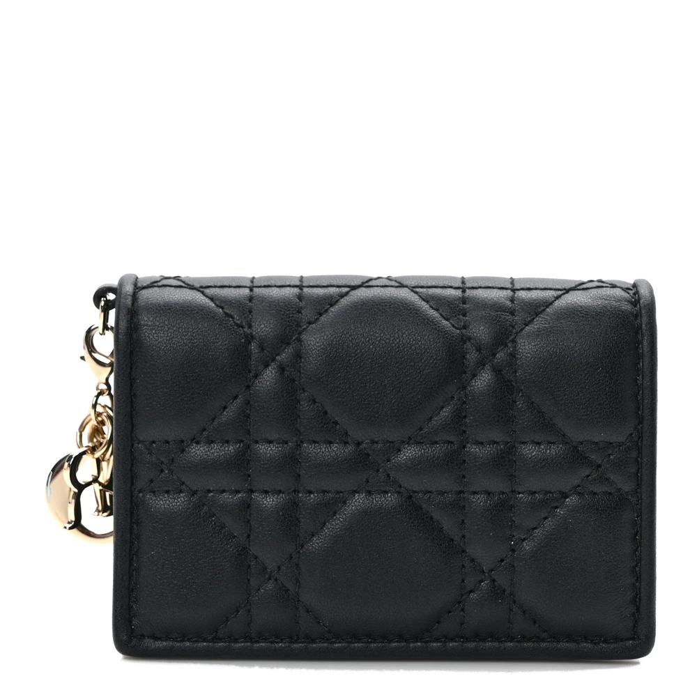 Front view of the black Cannage lambskin superclone Lady D!0r Flap Card Holder holder