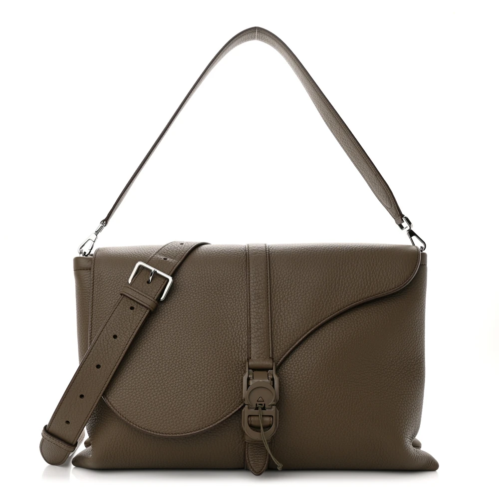 Front view of the khaki grained Front view of the khaki grained calfskin superclone D!0r Men's Pillow Bag calfskin Men's Pillow Bag