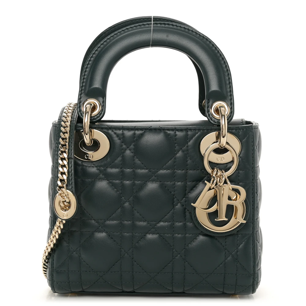Dark green Cannage lambskin Mini Lady bag with gold-tone hardware and detachable shoulder strap
