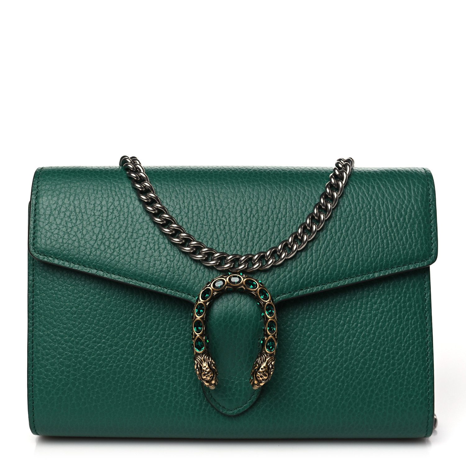 Front view of the emerald grained calfskin Mini Dionysus Chain Wallet with tiger head closure