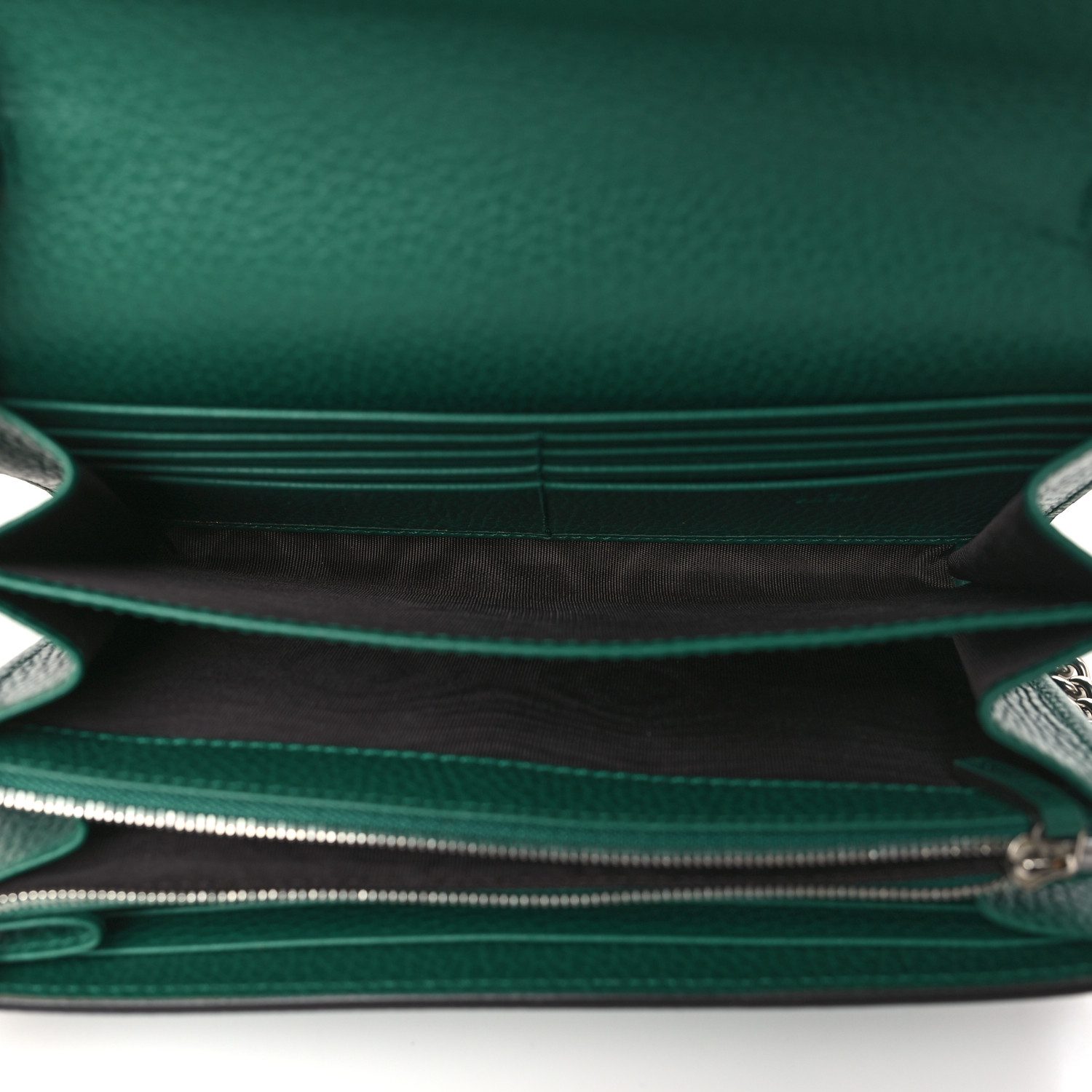 Interior view of the Mini Dionysus Chain Wallet with leather lining, card slots, and zip pocket