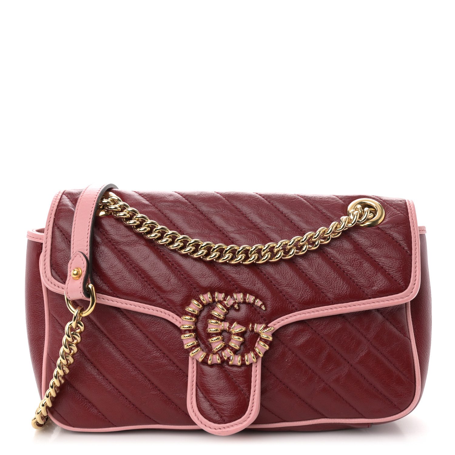 Front view of the GG Marmont Small Torchon shoulder bag in New Cherry Red and Wild Rose