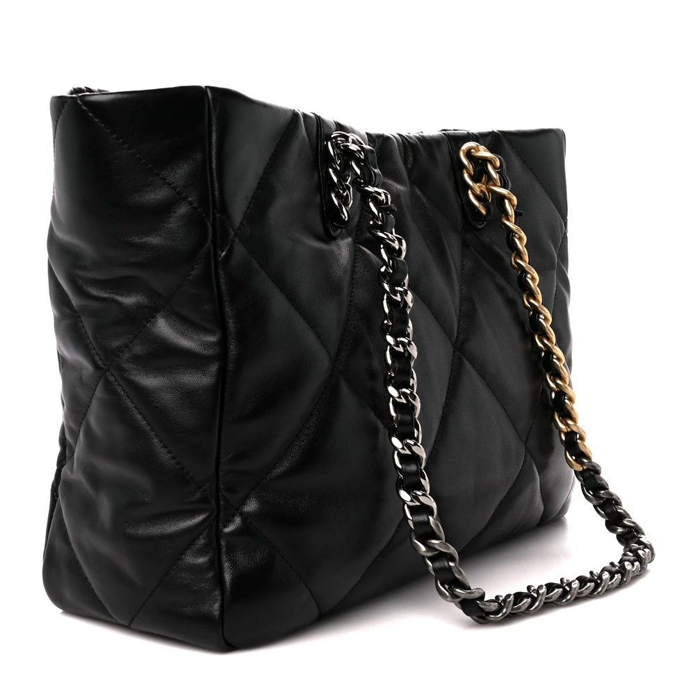 Back view of the black lambskin Chanel 19 East West Shopping Bag