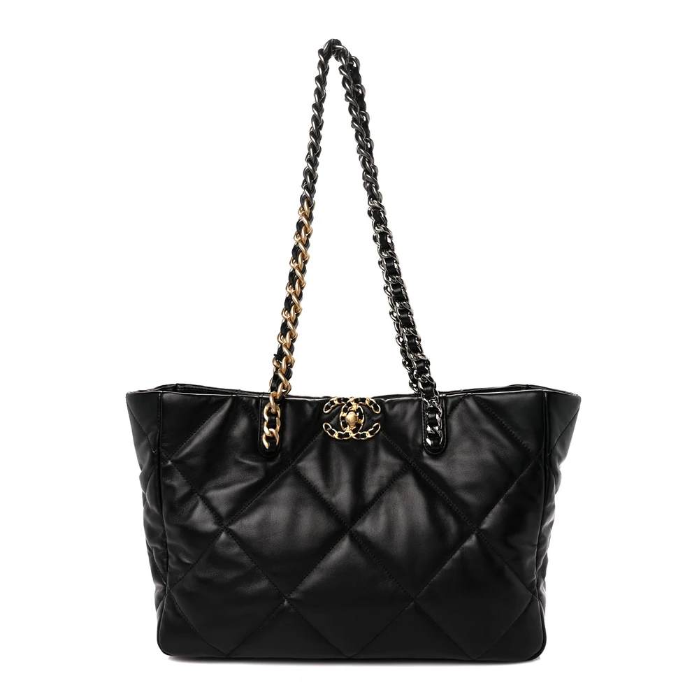 Front view of the black lambskin Chanel 19 East West Shopping Bag with CC turn-lock closure