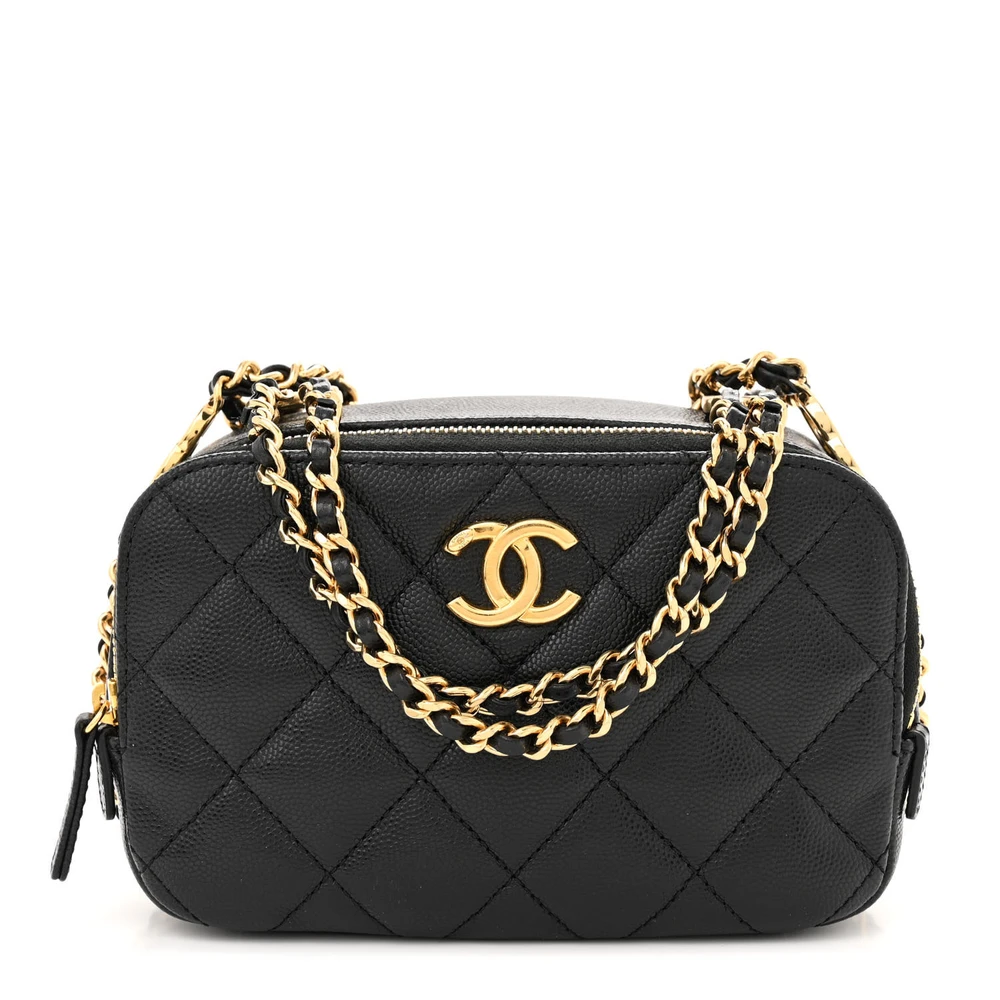 Front view of the black caviar leather Mini Camera Case with gold-tone hardware