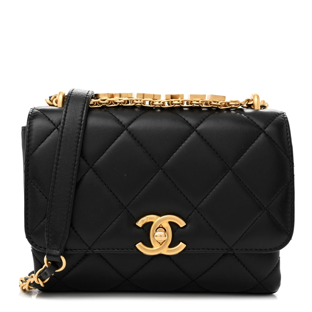 Front view of the black lambskin CC Crystal Logo Chain Flap with crystal CC logo