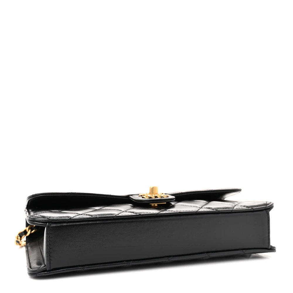 Bottom view of the black lambskin Flap Clutch Bag showing the structured leather base