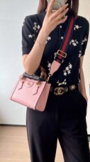 Model carrying the Mirror Quality Gucc! Mini Diana Tote Bag in Wild Rose Black with iconic bamboo handles