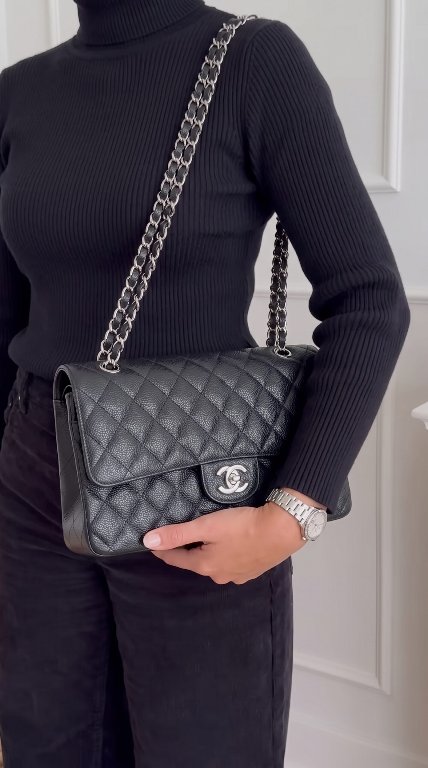 Chn@el Medium Double Flap Bag Black Caviar Leather – Super Clone