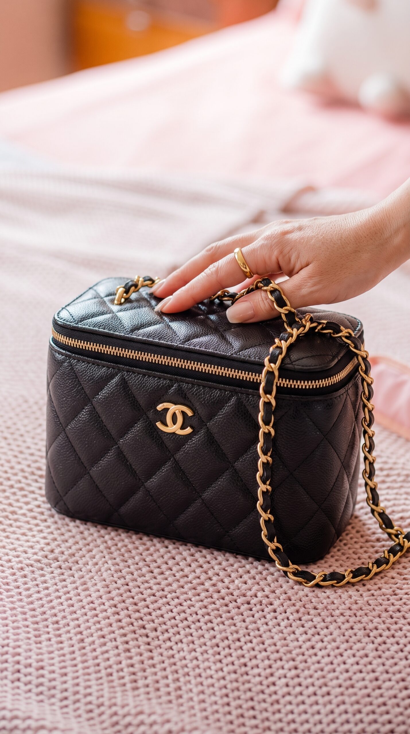 Model carrying the black lambskin Ch@nel Pearl Crush Vanity Case with adjustable Pearl Crush chain strap